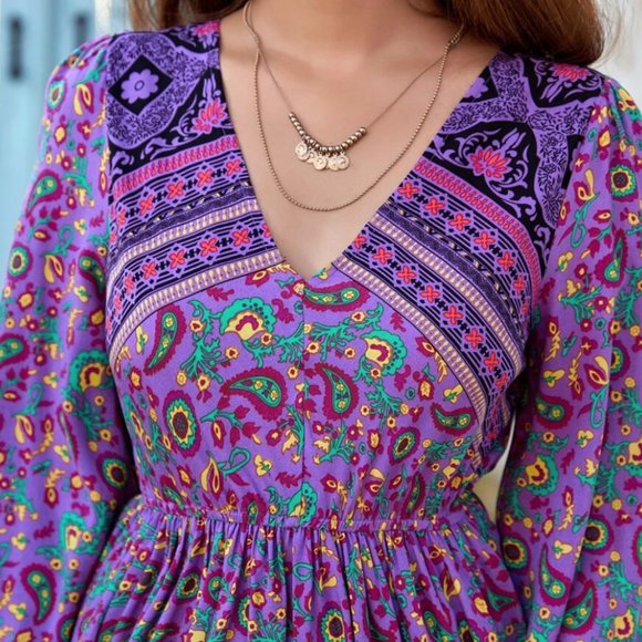 Boho gypsy floral print long sleeve mini dress - Picture 3 of 4